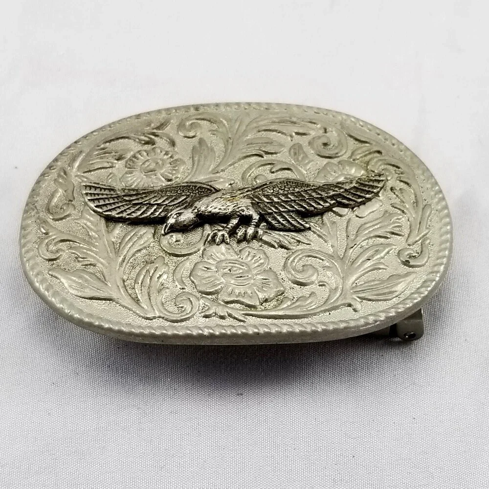 Vintage Western Cowboy Belt Buckle Silver‎ Tone Eagle Floral Engraved Design